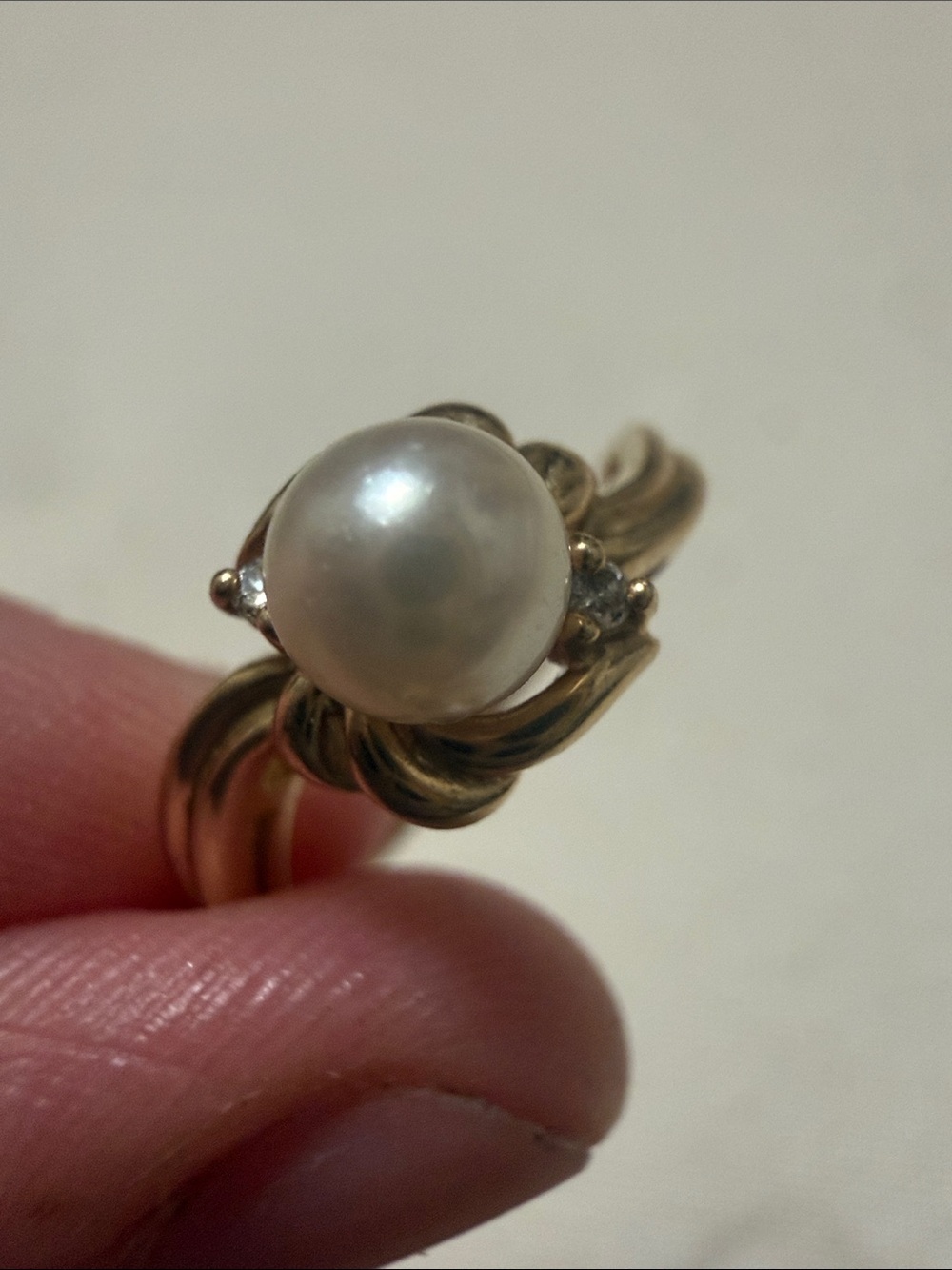 Stunning 14K Gold Swirl Ring W/Pearl & Diamond size 6 - Picture 16 of 17